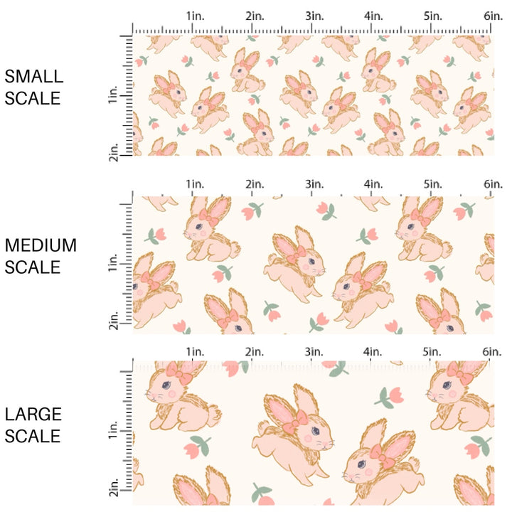 This Easter themed fabric by the yard features bunnies with pink bows surrounded by tulips. This fun pattern fabric can be used for all your sewing and crafting needs!