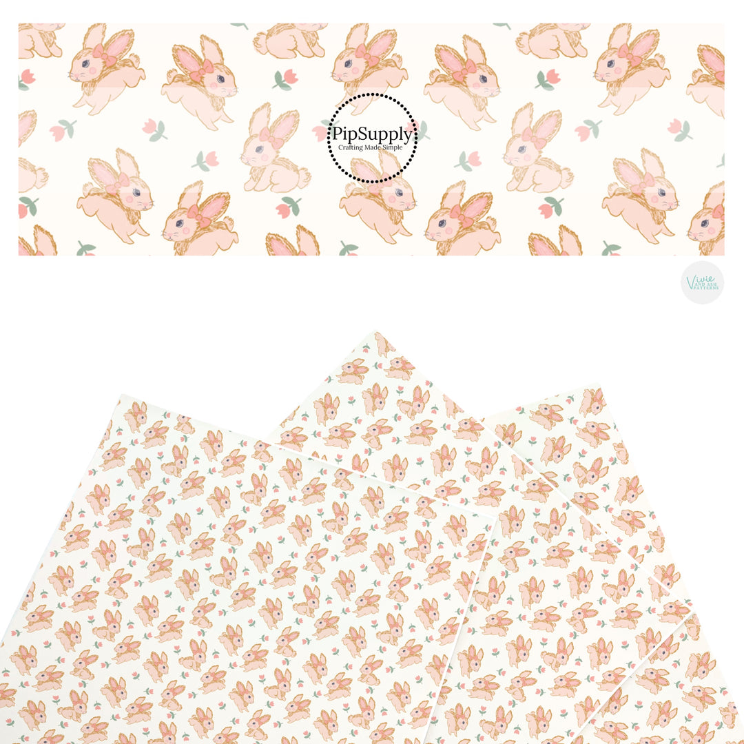 These Easter themed faux leather sheets contain the following design elements: bunnies with pink bows surrounded by tulips. Our CPSIA compliant faux leather sheets or rolls can be used for all types of crafting projects.