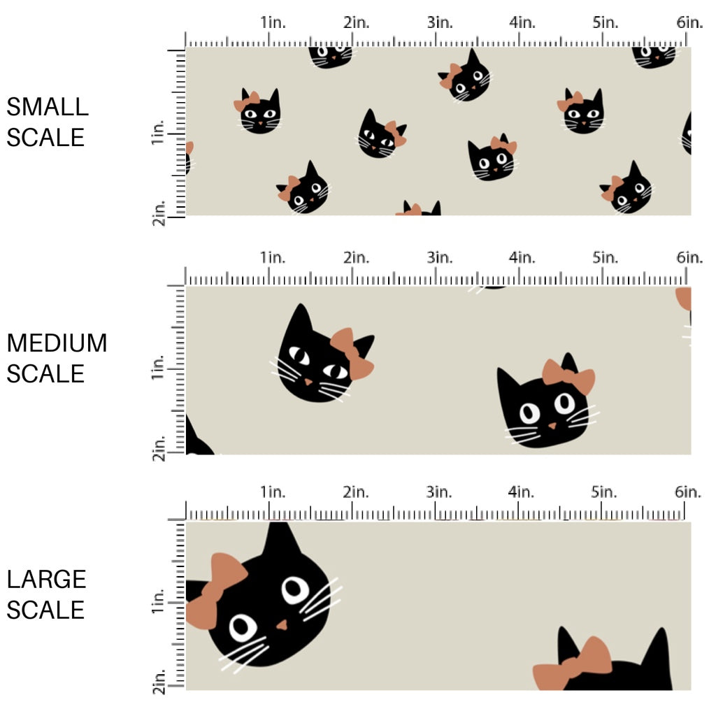 This scale chart of small scale, medium scale, and large scale of these Halloween themed pattern fabric by the yard features the following design elements: colorful cats with bows on cream. This fun spooky themed fabric can be used for all your sewing and crafting needs!