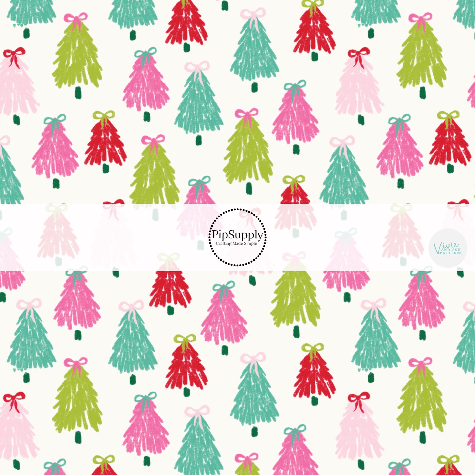 These winter Christmas tree themed pattern fabric by the yard features the following design elements: colorful Christmas trees with bows. This fun themed fabric can be used for all your sewing and crafting needs!