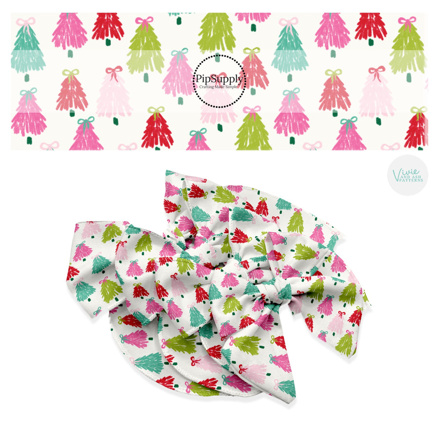 These winter Christmas tree themed no sew bow strips can be easily tied and attached to a clip for a finished hair bow. These fun patterned bow strips are great for personal use or to sell. These bow strips feature the following design elements: colorful Christmas trees with bows.