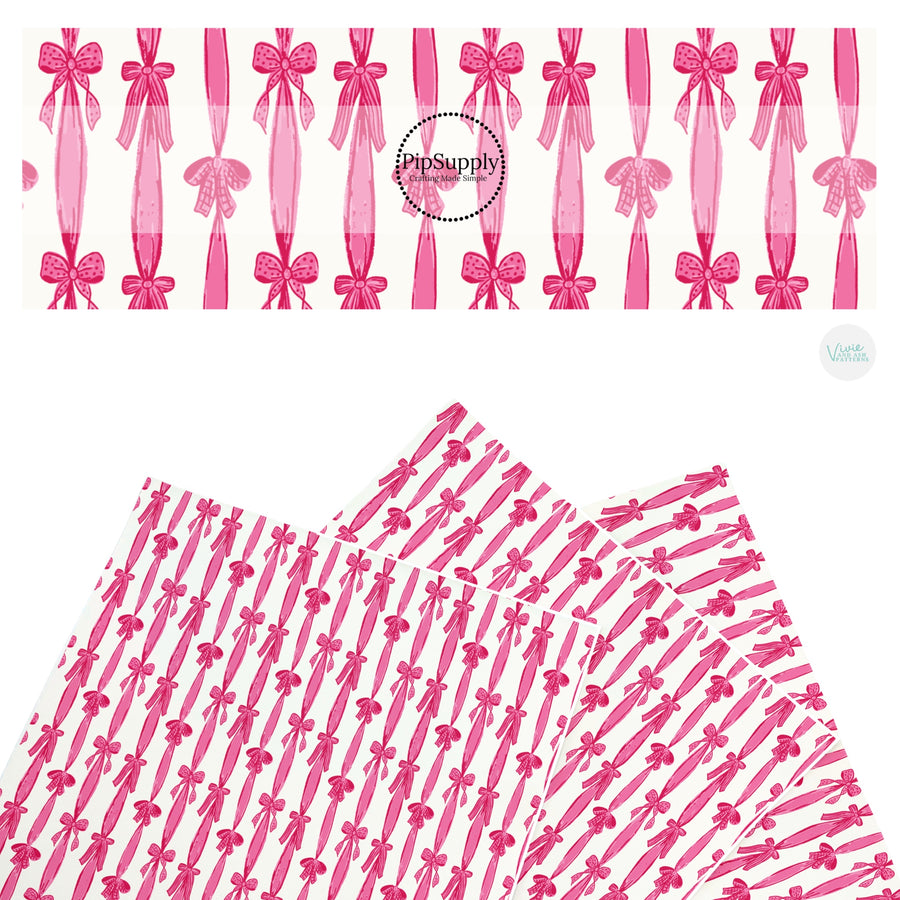 These holiday faux leather sheets contain the following design elements: Valentine pink bows. Our CPSIA compliant faux leather sheets or rolls can be used for all types of crafting projects.