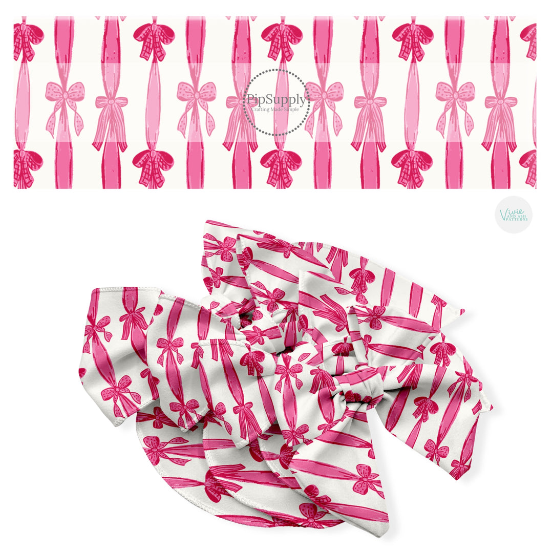 These holiday no sew bow strips can be easily tied and attached to a clip for a finished hair bow. These festive bow strips are great for personal use or to sell. These bow strips feature the following design elements: Valentine pink bows.