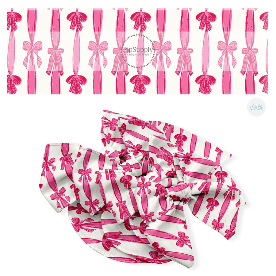 These holiday no sew bow strips can be easily tied and attached to a clip for a finished hair bow. These festive bow strips are great for personal use or to sell. These bow strips feature the following design elements: Valentine pink bows.