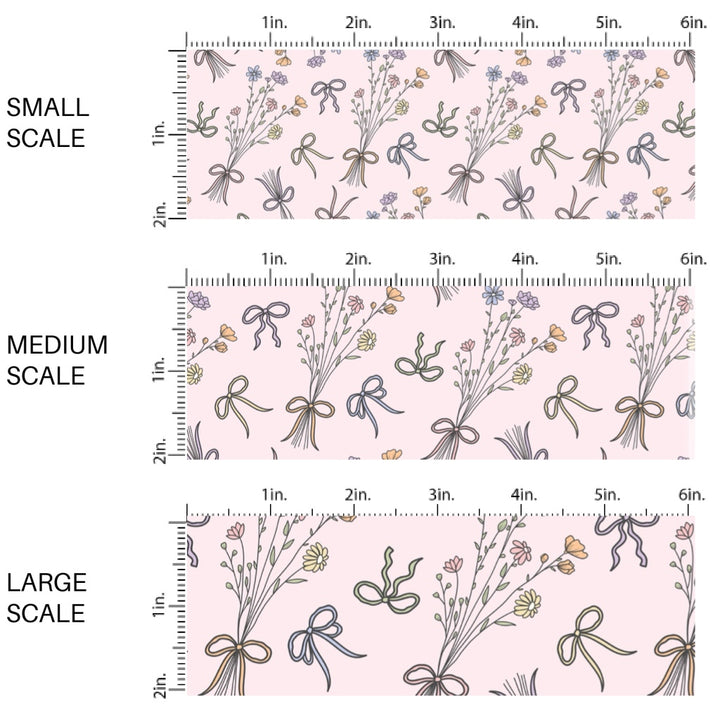 These floral fabric by the yard features bows and bouquets of flowers on pink. This fun pattern fabric can be used for all your sewing and crafting needs!