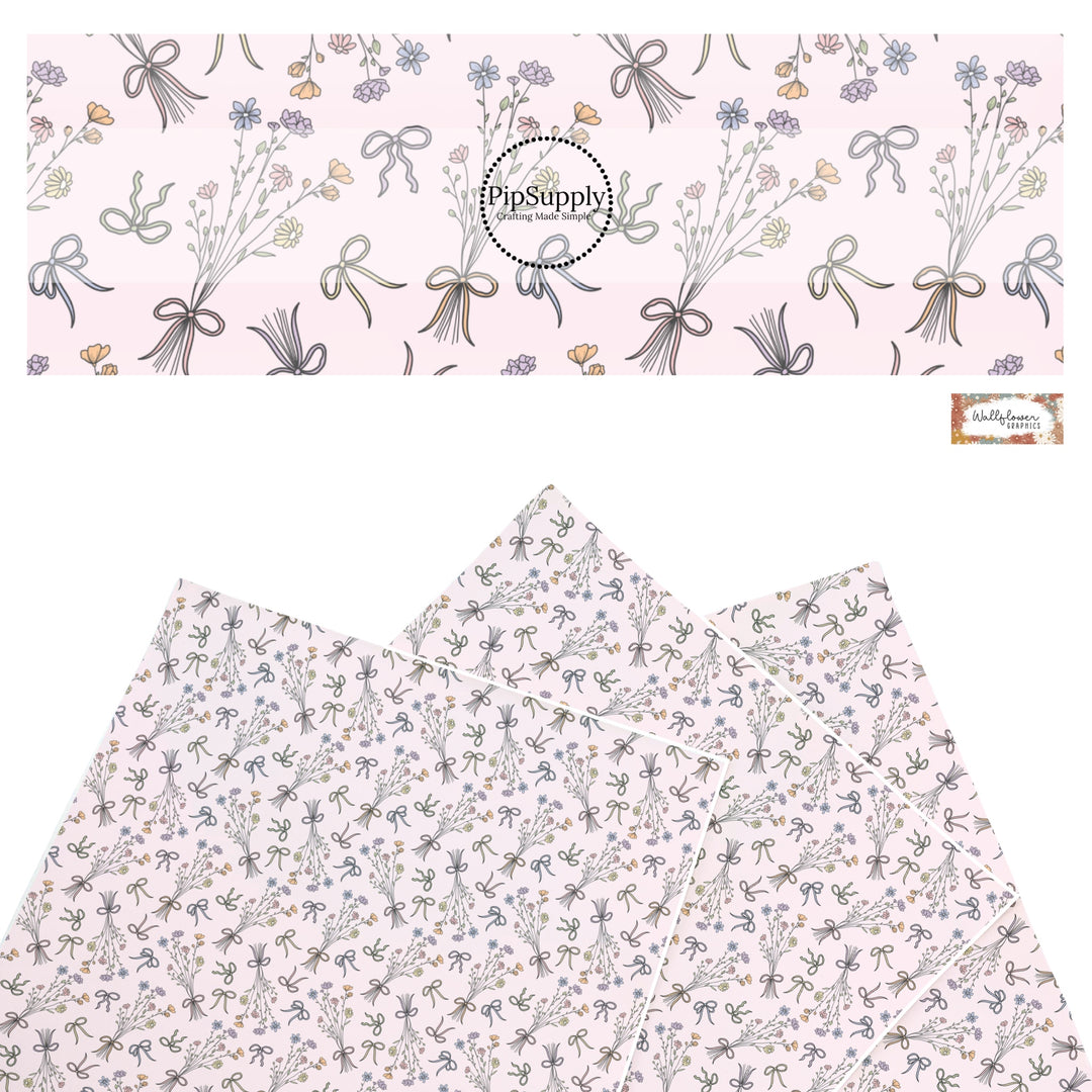 These floral themed faux leather sheets contain the following design elements: bows and bouquets of flowers on pink. Our CPSIA compliant faux leather sheets or rolls can be used for all types of crafting projects.