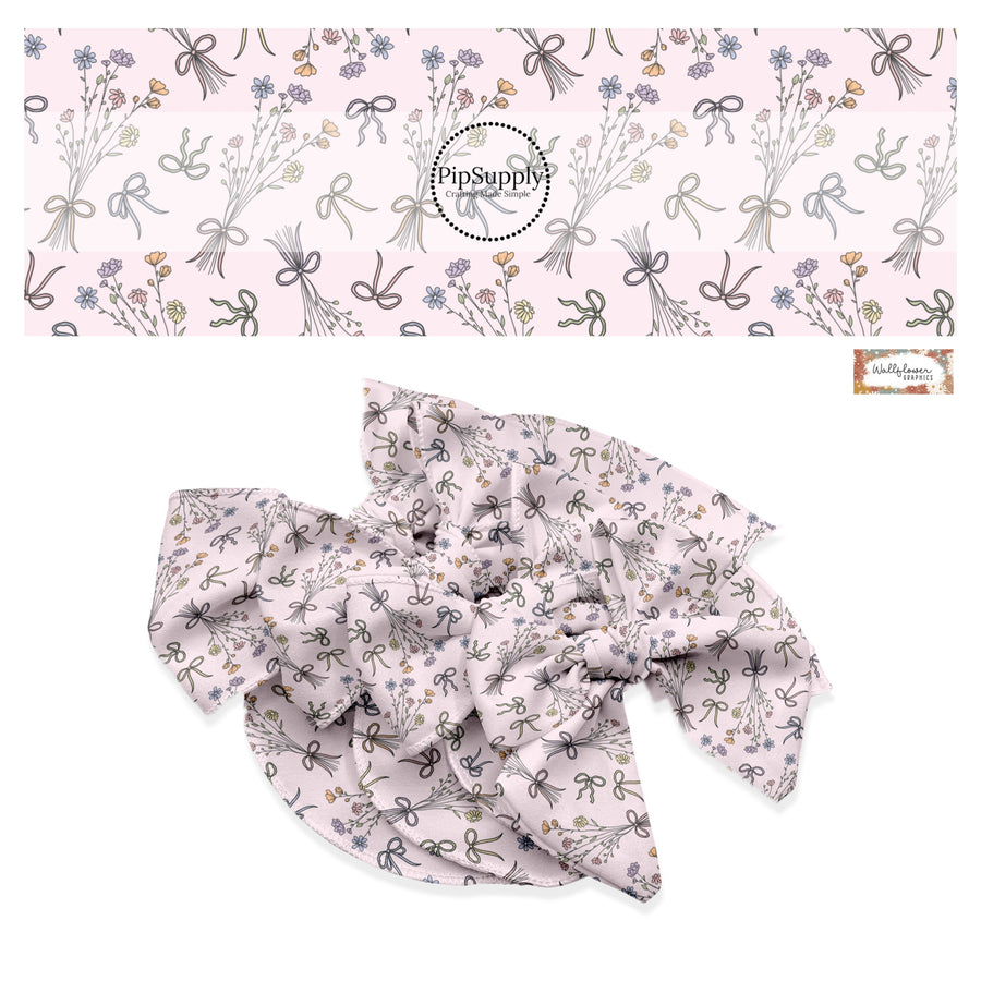 These floral themed no sew bow strips can be easily tied and attached to a clip for a finished hair bow. These festive bow strips are great for personal use or to sell. These bow strips feature the following design elements: bows and bouquet of flowers on pink.