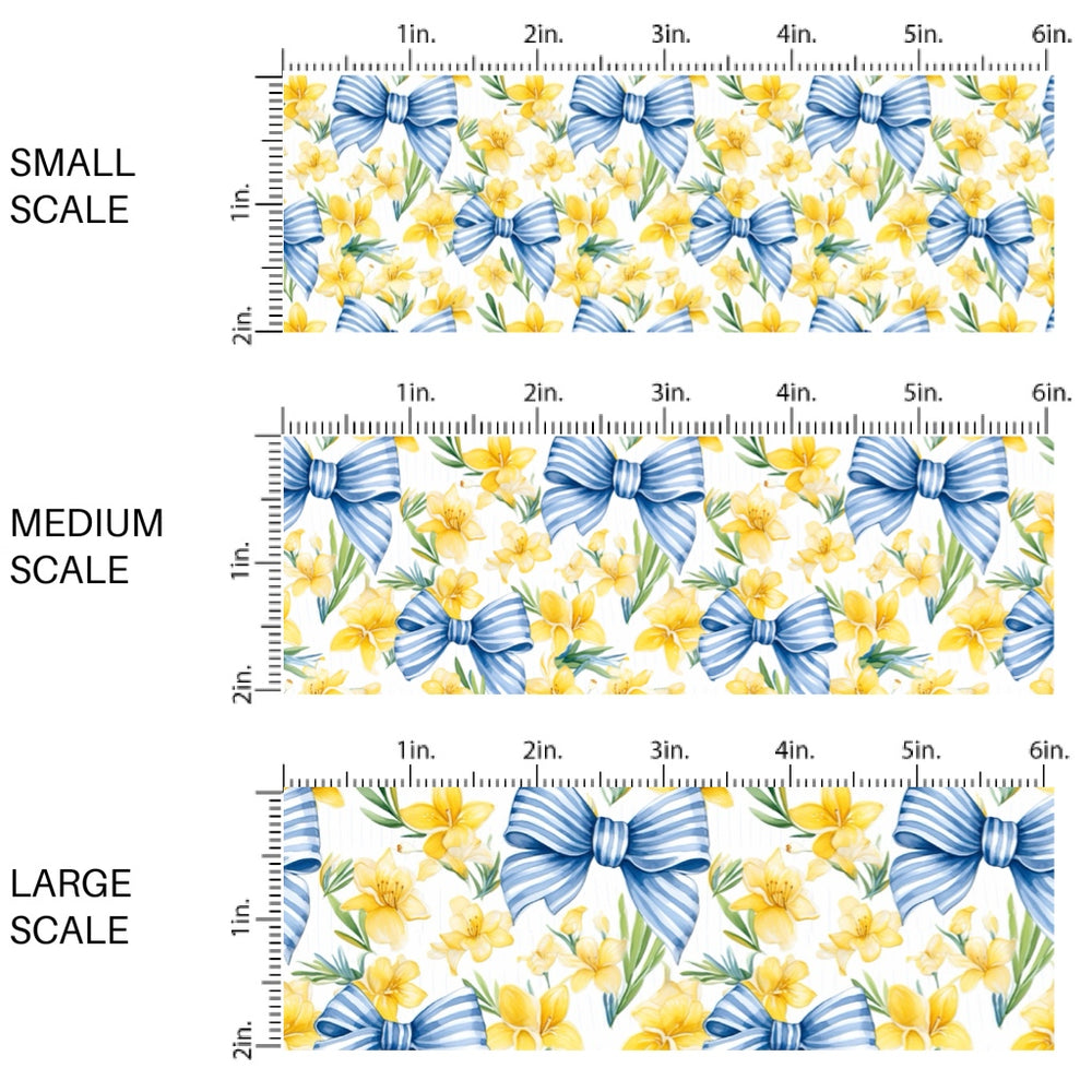 This spring fabric by the yard features blue bows and yellow daffodils. This fun pattern fabric can be used for all your sewing and crafting needs!