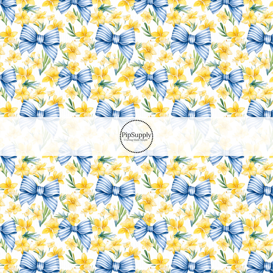 This spring fabric by the yard features blue bows and yellow daffodils. This fun pattern fabric can be used for all your sewing and crafting needs!