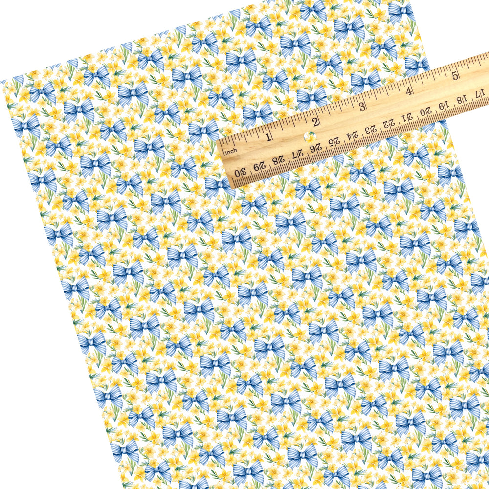 These spring themed faux leather sheets contain the following design elements: blue bows and yellow daffodils. Our CPSIA compliant faux leather sheets or rolls can be used for all types of crafting projects.