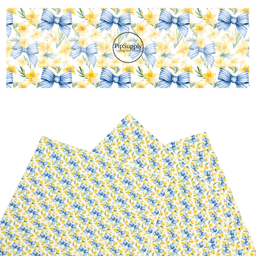 These spring themed faux leather sheets contain the following design elements: blue bows and yellow daffodils. Our CPSIA compliant faux leather sheets or rolls can be used for all types of crafting projects.