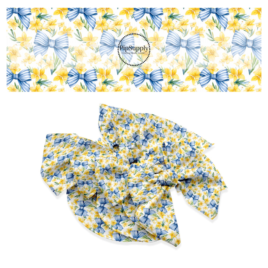 These spring themed no sew bow strips can be easily tied and attached to a clip for a finished hair bow. These festive bow strips are great for personal use or to sell. These bow strips feature the following design elements: blue bows and yellow daffodils.