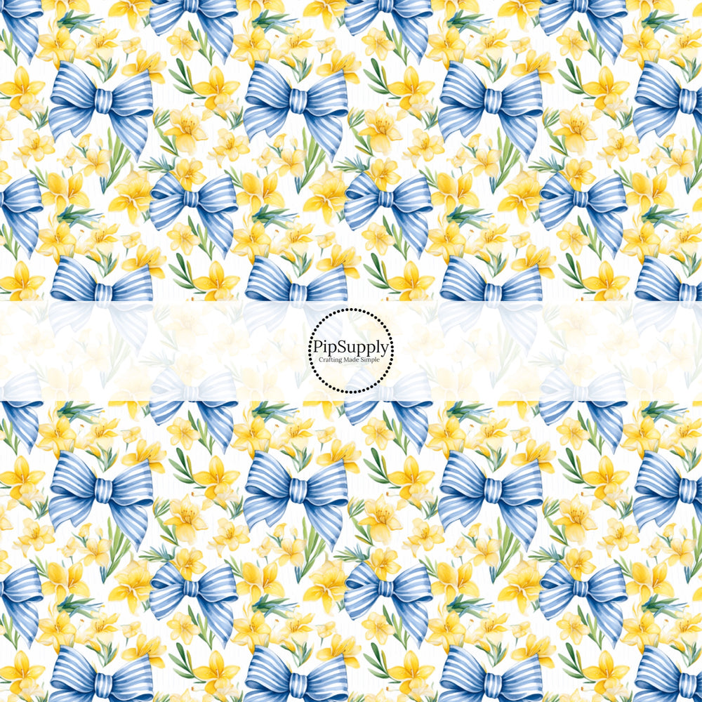 These spring themed no sew bow strips can be easily tied and attached to a clip for a finished hair bow. These festive bow strips are great for personal use or to sell. These bow strips feature the following design elements: blue bows and yellow daffodils.