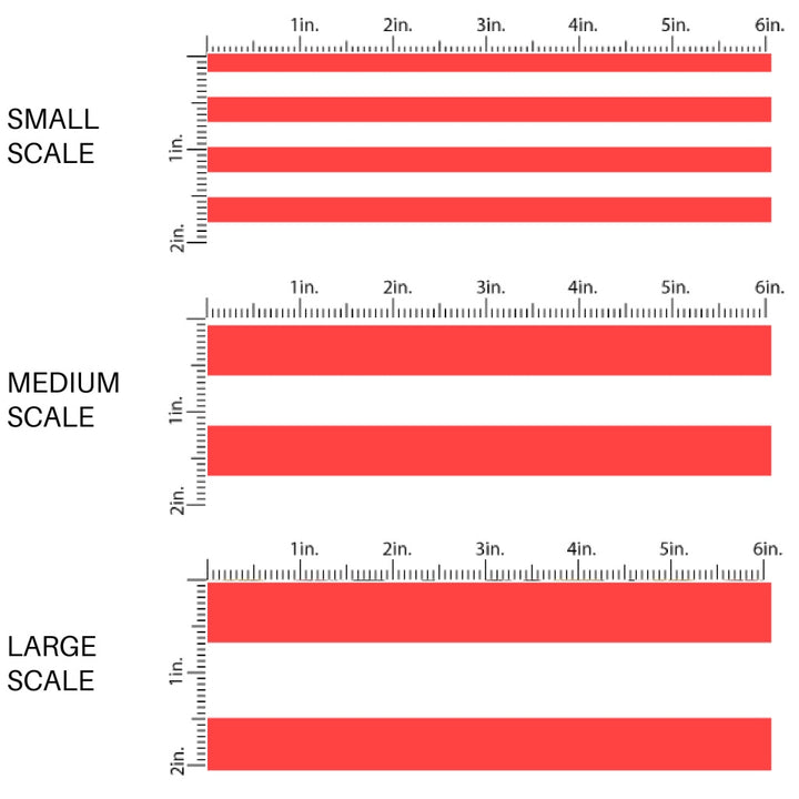 This scale chart of small scale, medium scale, and large scale of this 4th of July fabric by the yard features patriotic white and red stripes. This fun patriotic themed fabric can be used for all your sewing and crafting needs!