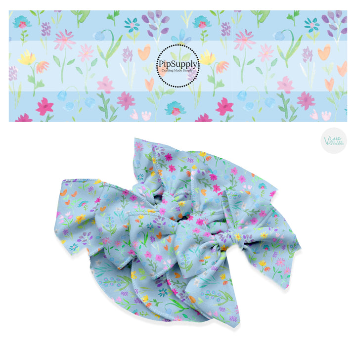 These spring floral pattern themed no sew bow strips can be easily tied and attached to a clip for a finished hair bow. These patterned bow strips are great for personal use or to sell. These bow strips features colorful flowers on light blue. 