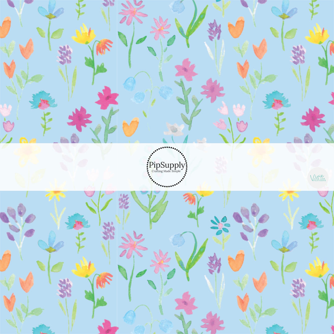 These spring floral pattern themed no sew bow strips can be easily tied and attached to a clip for a finished hair bow. These patterned bow strips are great for personal use or to sell. These bow strips features colorful flowers on light blue. 