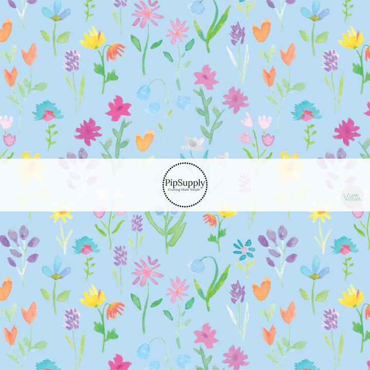 These spring floral pattern themed no sew bow strips can be easily tied and attached to a clip for a finished hair bow. These patterned bow strips are great for personal use or to sell. These bow strips features colorful flowers on light blue. 