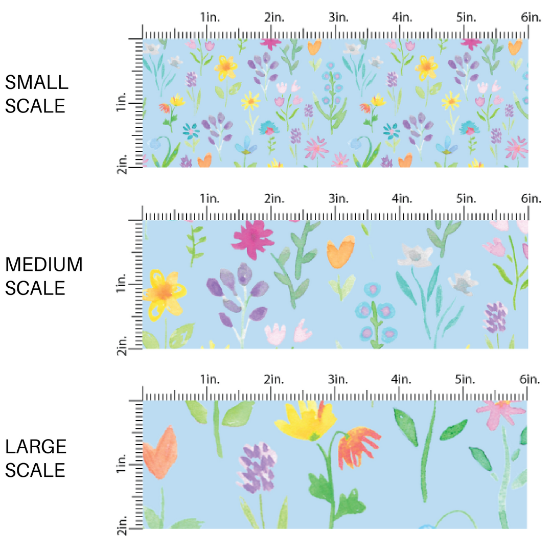 Pink, Yellow, and Purple Colored Florals on Blue Fabric by the Yard scaled image guide.