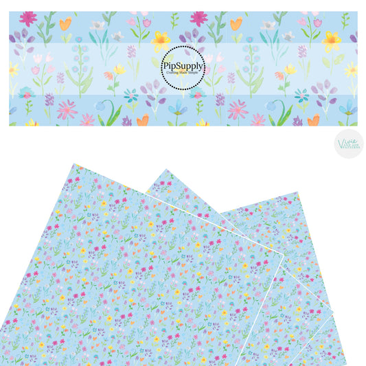 These floral pattern themed faux leather sheets contain the following design elements: colorful flowers on light blue. Our CPSIA compliant faux leather sheets or rolls can be used for all types of crafting projects.