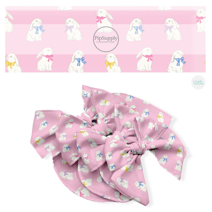 These Easter no sew bow strips can be easily tied and attached to a clip for a finished hair bow. These fun bow strips are great for personal use or to sell. These bow strips feature the following design elements: white bunnies with colorful bows on pink.