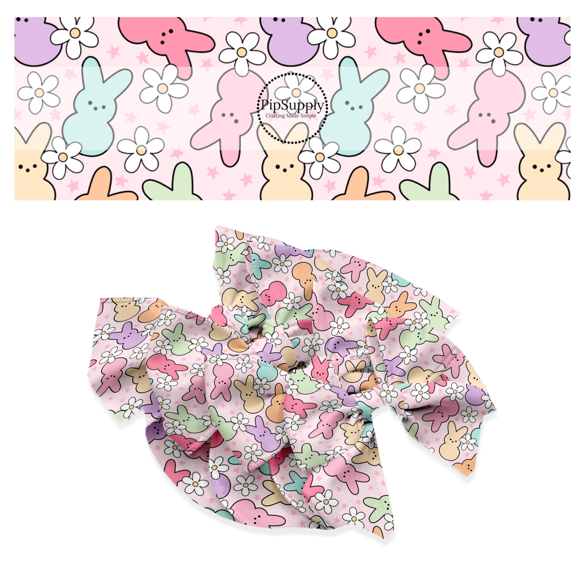 These spring pattern themed no sew bow strips can be easily tied and attached to a clip for a finished hair bow. These patterned bow strips are great for personal use or to sell. These bow strips features bright colored bunnies surrounded by white daisies and tiny stars on light pink. 