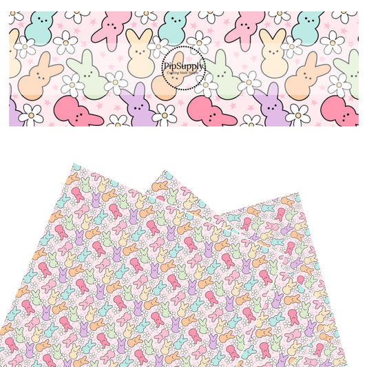 These spring pattern themed faux leather sheets contain the following design elements: bright colored bunnies surrounded by white daisies and tiny stars on light pink. Our CPSIA compliant faux leather sheets or rolls can be used for all types of crafting projects.