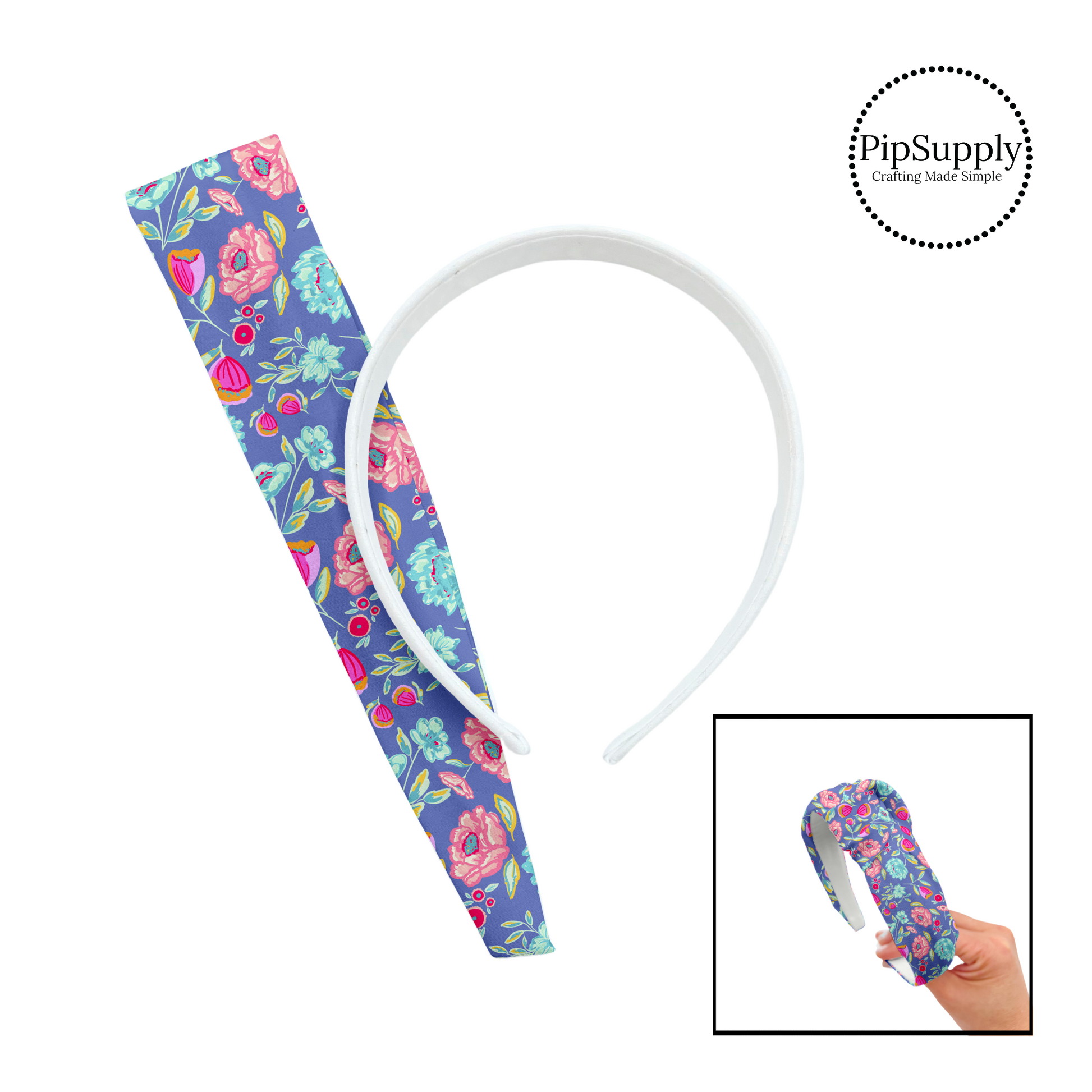 These fun spring and summer floral kits with beautiful leaves and flowers in the color of light blue, teal, mint, orange, light pink, hot pink, red, purple, and lavender include a custom printed and sewn fabric strip and a coordinating velvet headband.  