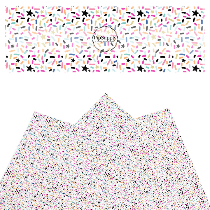 These sprinkle faux leather sheets contain the following design elements: colorful confetti sprinkles. Our CPSIA compliant faux leather sheets or rolls can be used for all types of crafting projects.