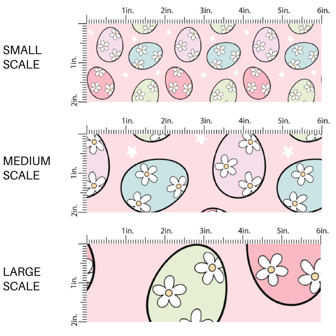 Multi-Colored Floral Eggs on Pink Fabric by the Yard scaled image guide.