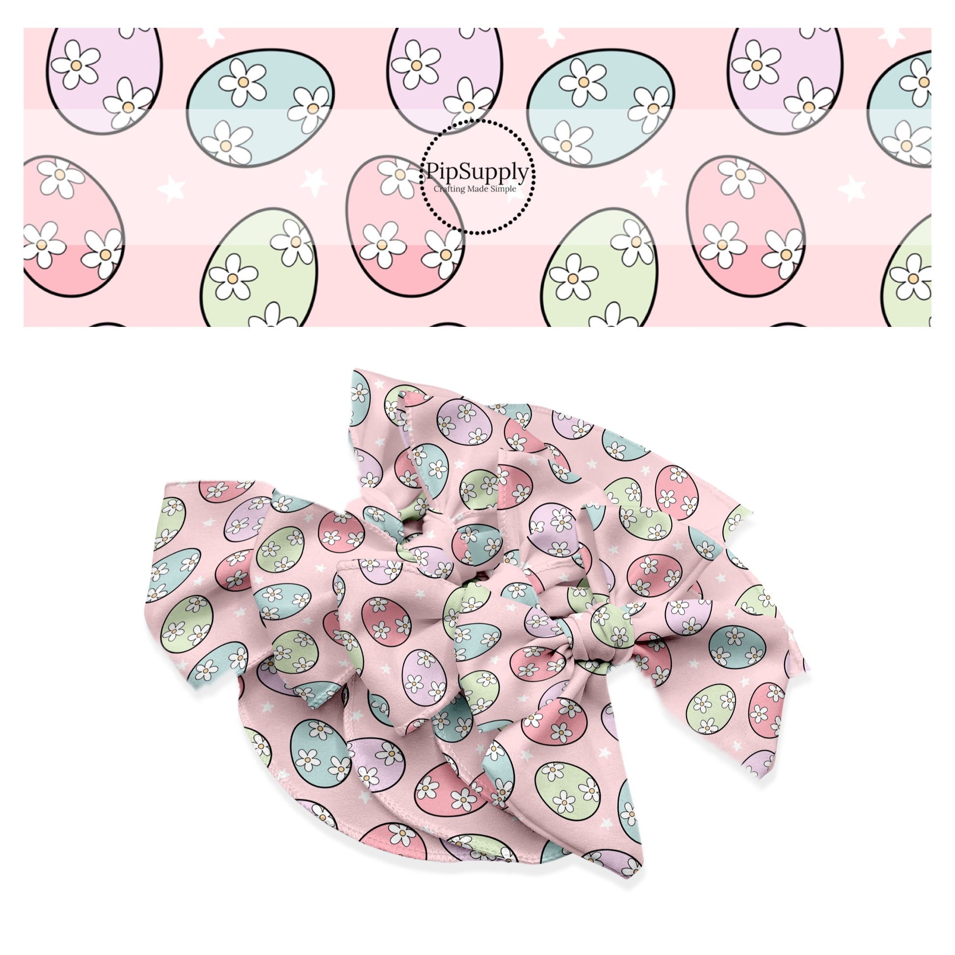 These spring pattern themed no sew bow strips can be easily tied and attached to a clip for a finished hair bow. These patterned bow strips are great for personal use or to sell. These bow strips features pastel colored Easter eggs with white daisies on light pink.
