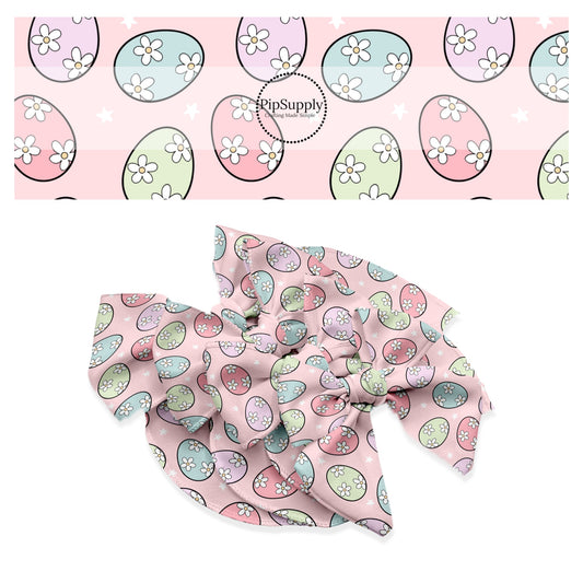 These spring pattern themed no sew bow strips can be easily tied and attached to a clip for a finished hair bow. These patterned bow strips are great for personal use or to sell. These bow strips features pastel colored Easter eggs with white daisies on light pink.