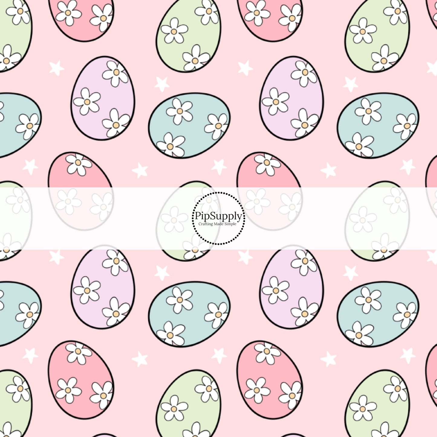 These spring patterned headband kits are easy to assemble and come with everything you need to make your own knotted headband. These kits include a custom printed and sewn fabric strip and a coordinating velvet headband. This cute pattern features pastel colored Easter eggs with white daisies on light pink.
