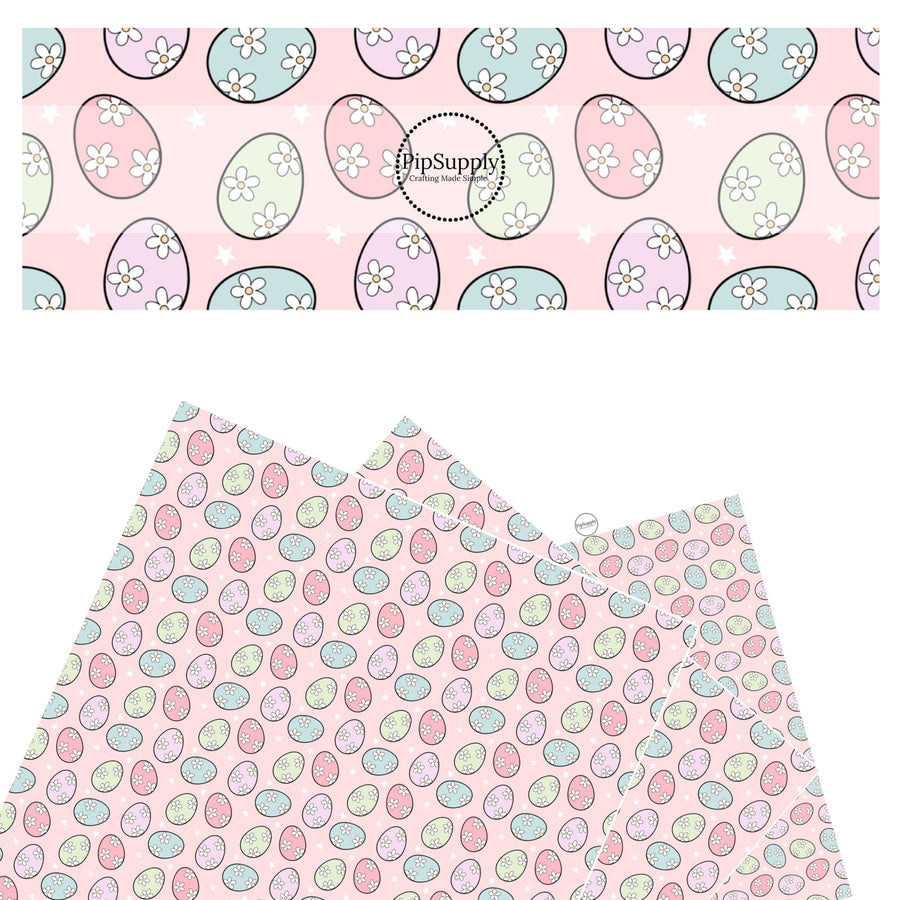 These spring pattern themed faux leather sheets contain the following design elements: pastel colored Easter eggs with white daisies on light pink. Our CPSIA compliant faux leather sheets or rolls can be used for all types of crafting projects.