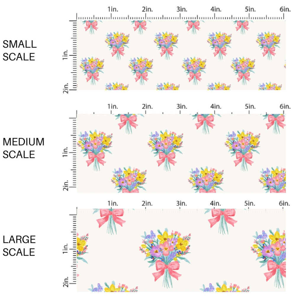 This Easter themed fabric by the yard features colorful Easter flower bundles. This fun pattern fabric can be used for all your sewing and crafting needs!