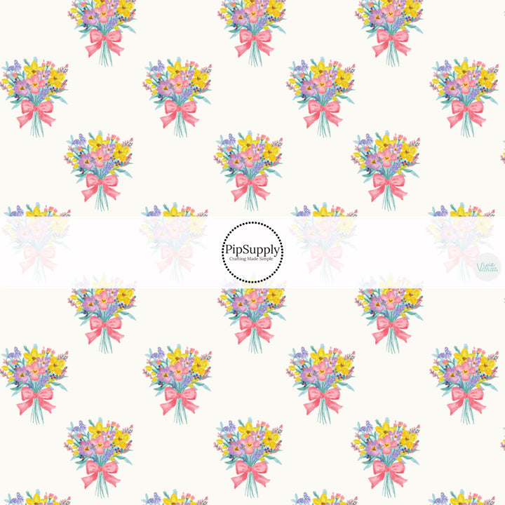 This Easter themed fabric by the yard features colorful Easter flower bundles. This fun pattern fabric can be used for all your sewing and crafting needs!