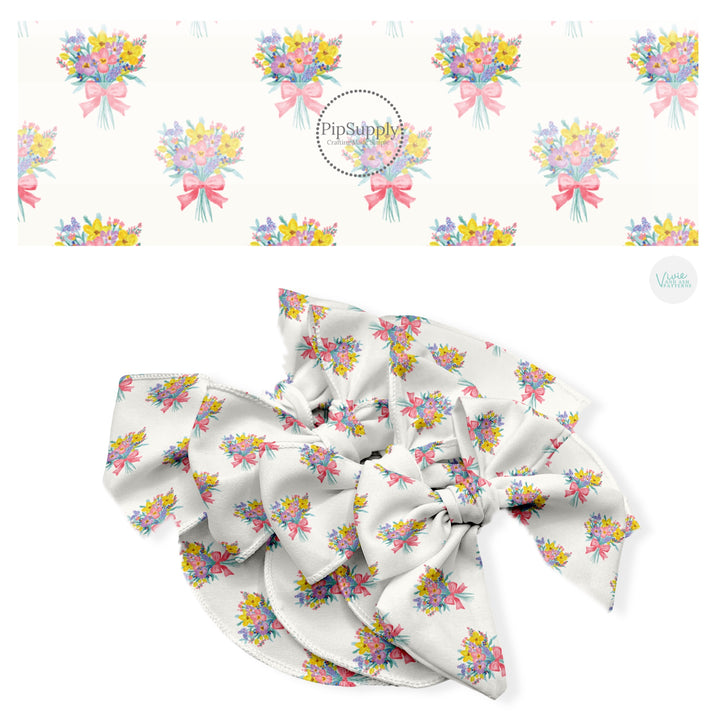 These Easter no sew bow strips can be easily tied and attached to a clip for a finished hair bow. These fun bow strips are great for personal use or to sell. These bow strips feature the following design elements: colorful Easter flower bundles.