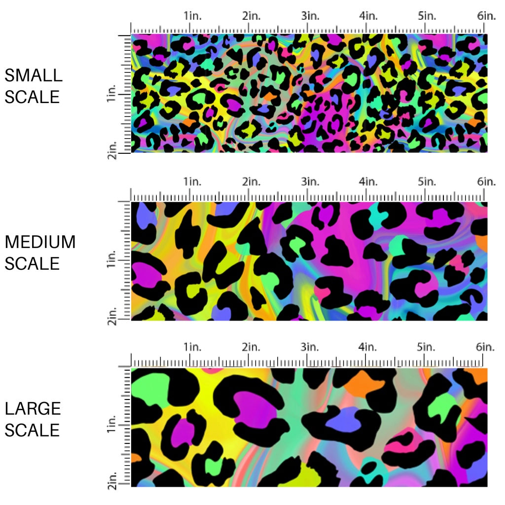 This scale chart of small scale, medium scale, and large scale of this animal fabric by the yard features bright rainbow leopard pattern. This fun themed fabric can be used for all your sewing and crafting needs!