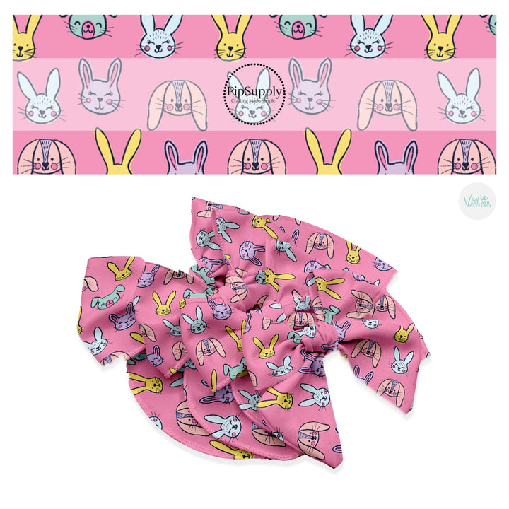 These spring pattern themed no sew bow strips can be easily tied and attached to a clip for a finished hair bow. These patterned bow strips are great for personal use or to sell. These bow strips features colorful bunnies on pink. 