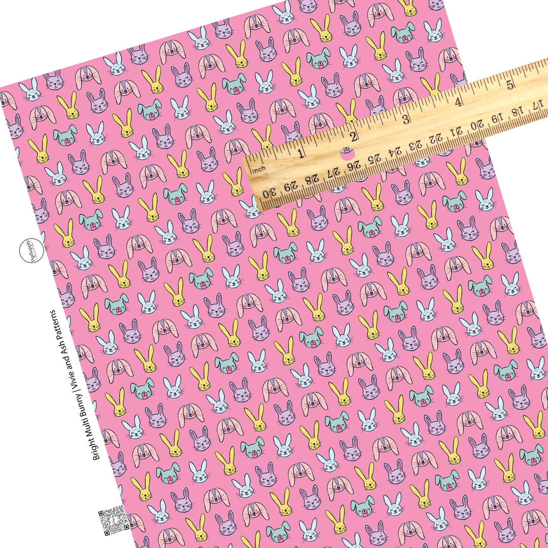 These spring pattern themed faux leather sheets contain the following design elements: colorful bunnies on pink. Our CPSIA compliant faux leather sheets or rolls can be used for all types of crafting projects.