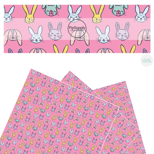 These spring pattern themed faux leather sheets contain the following design elements: colorful bunnies on pink. Our CPSIA compliant faux leather sheets or rolls can be used for all types of crafting projects.