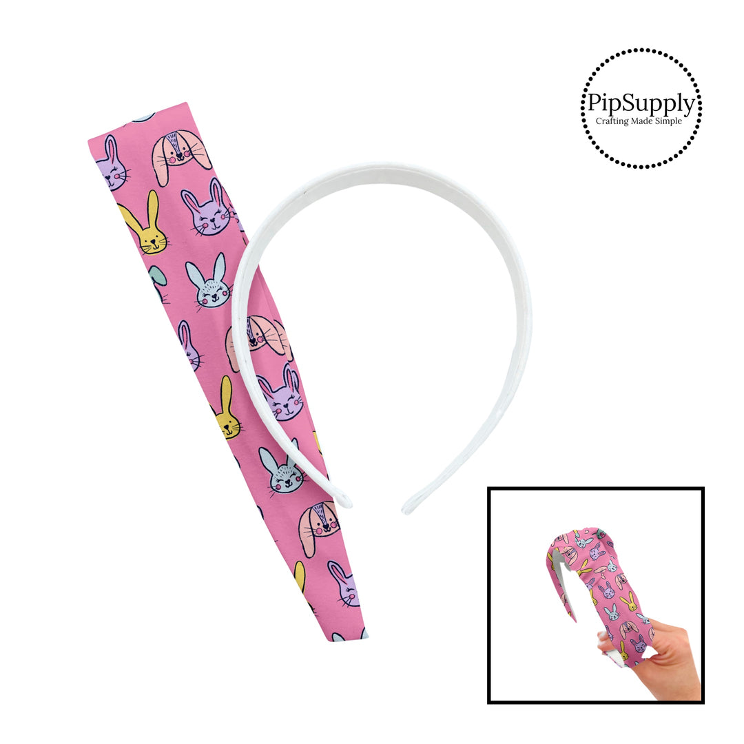 These spring patterned headband kits are easy to assemble and come with everything you need to make your own knotted headband. These kits include a custom printed and sewn fabric strip and a coordinating velvet headband. This cute pattern features colorful bunnies on pink. 