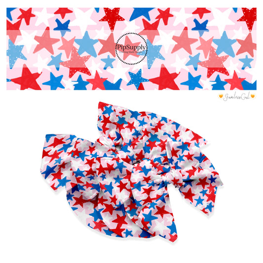 These 4th of July themed no sew bow strips can be easily tied and attached to a clip for a finished hair bow. These patterned bow strips are great for personal use or to sell. These bow strips feature patriotic red, white, and blue stars on light pink.