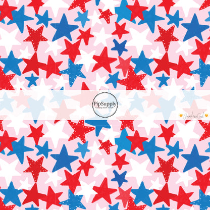 These 4th of July themed no sew bow strips can be easily tied and attached to a clip for a finished hair bow. These patterned bow strips are great for personal use or to sell. These bow strips feature patriotic red, white, and blue stars on light pink.