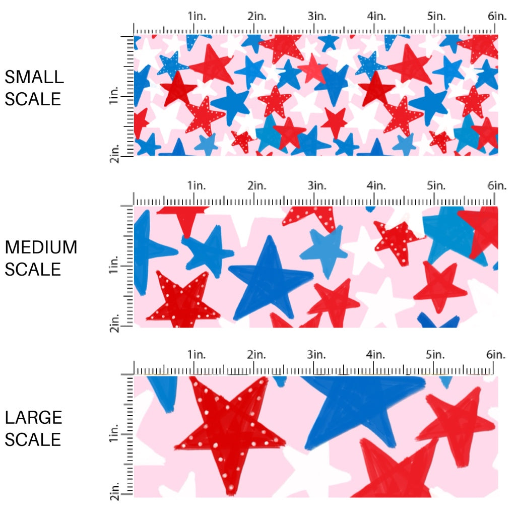 This scale chart of small scale, medium scale, and large scale of this 4th of July fabric by the yard features patriotic red, white, and blue stars on light pink. This fun patriotic themed fabric can be used for all your sewing and crafting needs!