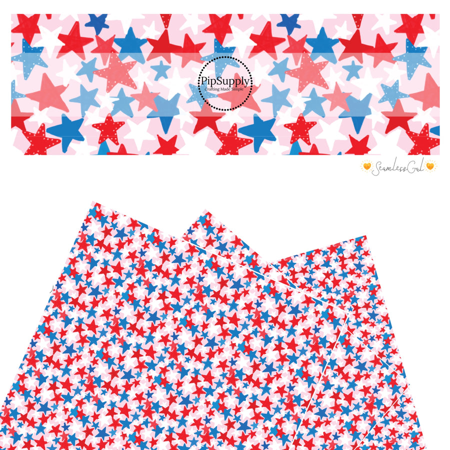 These 4th of July faux leather sheets contain the following design elements: patriotic red, white, and blue stars on light pink. Our CPSIA compliant faux leather sheets or rolls can be used for all types of crafting projects.