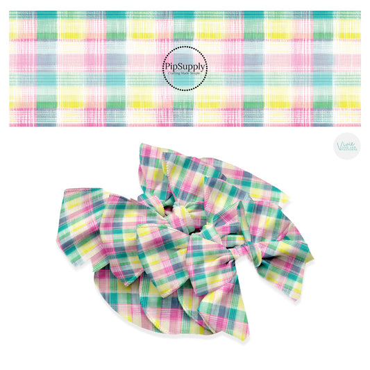 These spring floral pattern themed no sew bow strips can be easily tied and attached to a clip for a finished hair bow. These patterned bow strips are great for personal use or to sell. These bow strips features light pink, yellow, and green plaid pattern. 