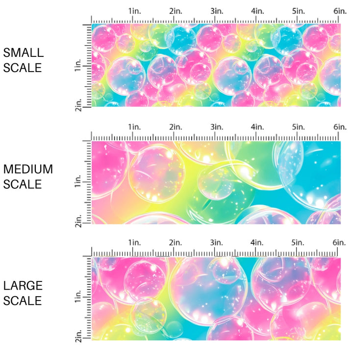 This scale chart of small scale, medium scale, and large scale of this ombre fabric by the yard features bubble on rainbow ombre pattern. This fun themed fabric can be used for all your sewing and crafting needs!