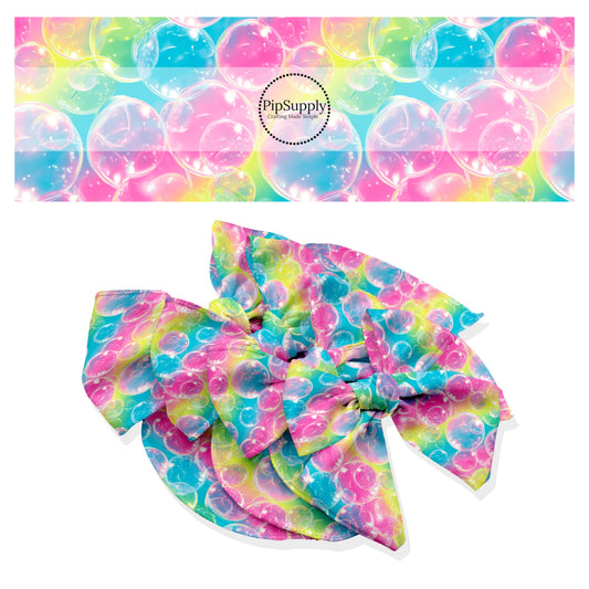 These ombre themed no sew bow strips can be easily tied and attached to a clip for a finished hair bow. These rainbow patterned bow strips are great for personal use or to sell. These bow strips feature bubbles on rainbow ombre pattern.