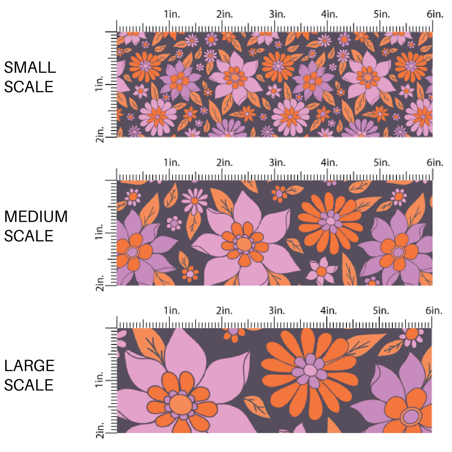 This scale chart of small scale, medium scale, and large scale of these Halloween floral themed dark purple fabric by the yard features small and large bright daisies in pink, purple, and orange on dark purple. This fun spooky themed fabric can be used for all your sewing and crafting needs! 