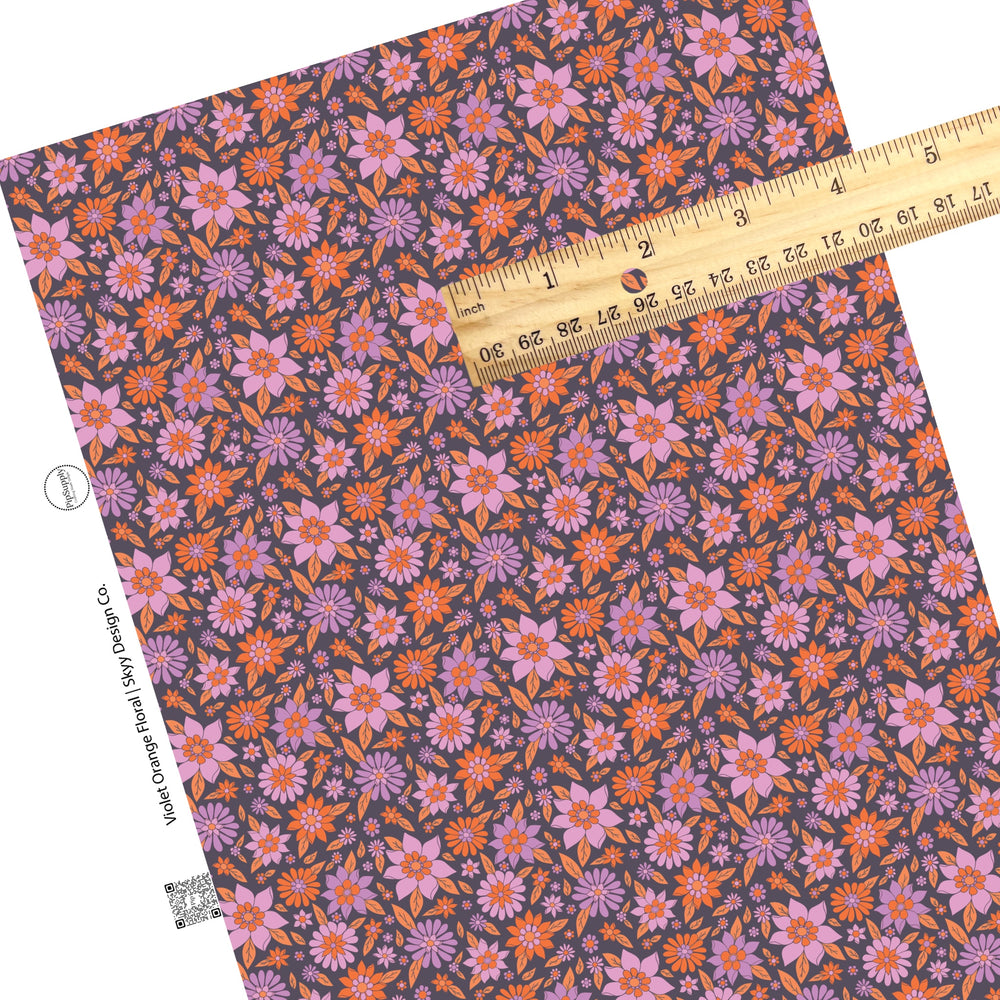 These Halloween floral themed dark purple faux leather sheets contain the following design elements: small and large bright daisies in pink, purple, and orange on dark purple. Our CPSIA compliant faux leather sheets or rolls can be used for all types of crafting projects.